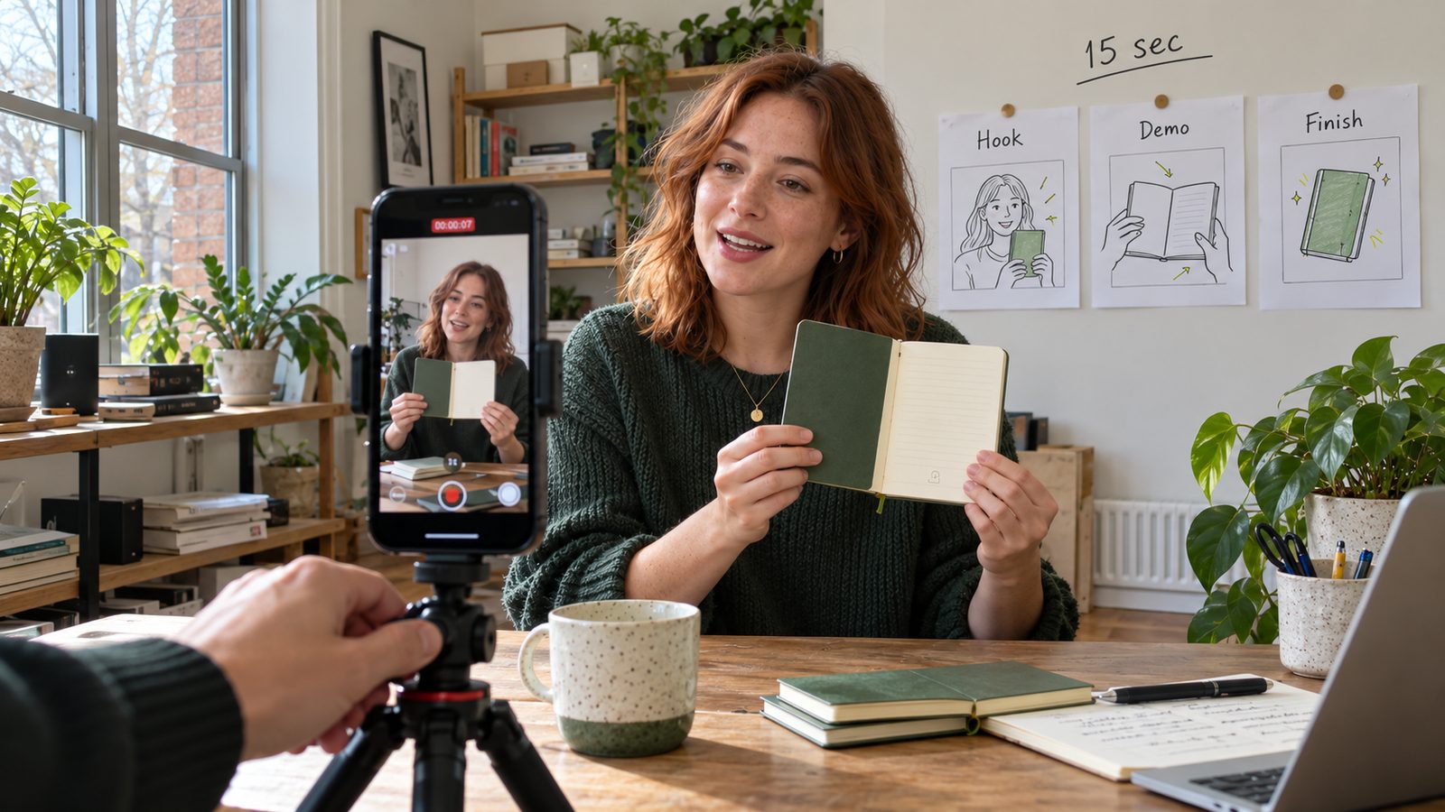 A creator films a notebook demo on a phone, with a three-frame storyboard behind her