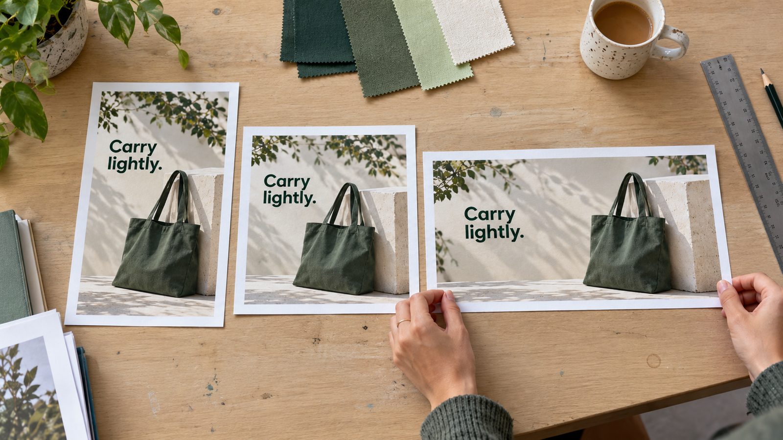 The same tote bag poster printed in tall, square and wide formats on a desk