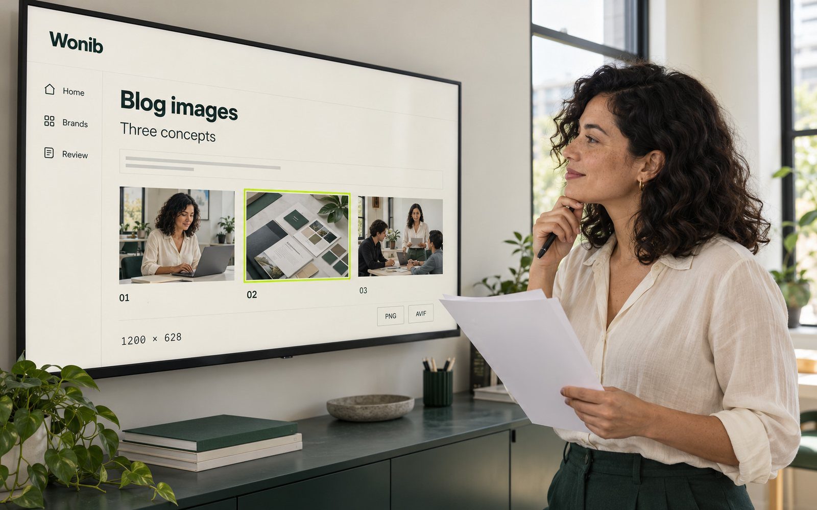 Three on-brand blog image concepts on a screen, one chosen, a marketer deciding