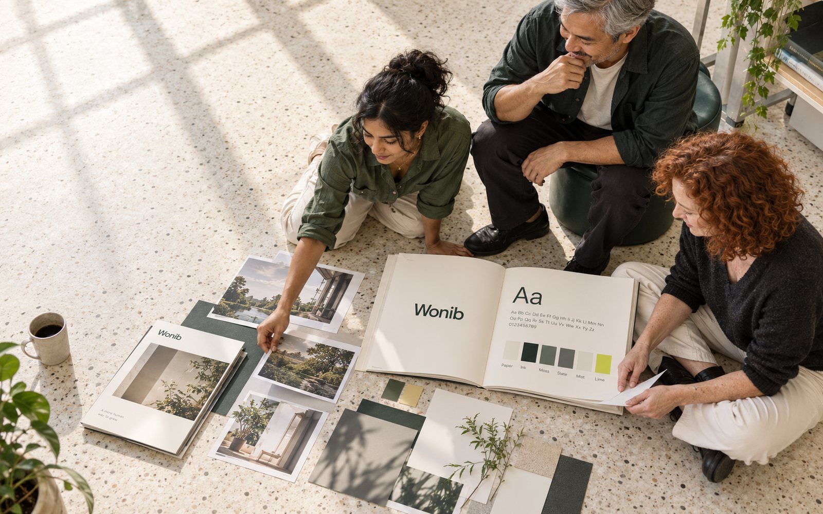 A coherent brand, built by hand: three people on the floor with the Wonib brand book, photographs and colour chips