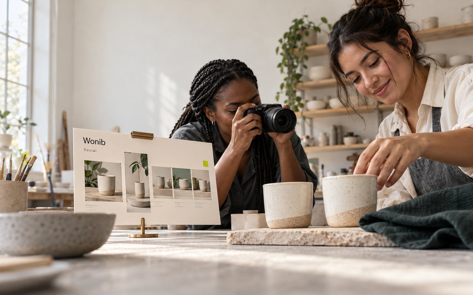 Social content in progress in a ceramic studio: a photographer, a maker and the post board