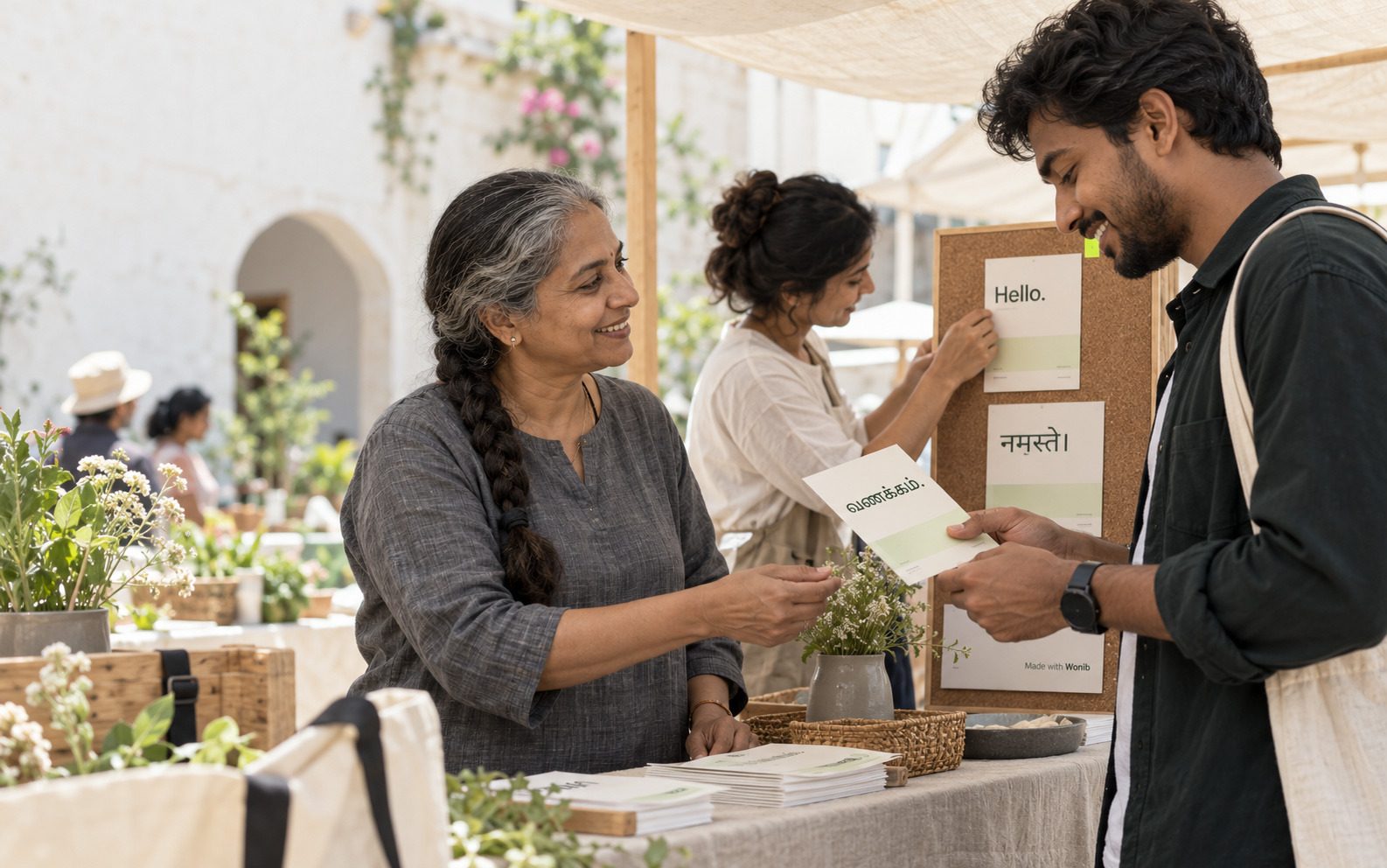A multilingual invitation sparks a warm smile at a market stall