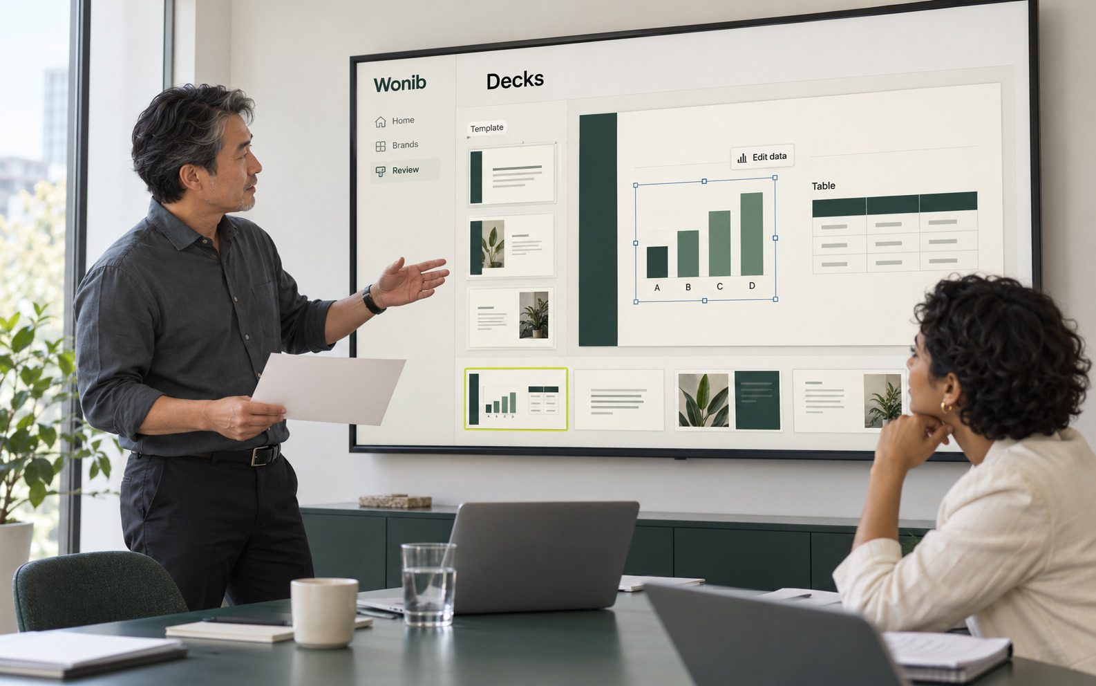 The deck, built from the brand’s own slides, with a chart you can change in the meeting.