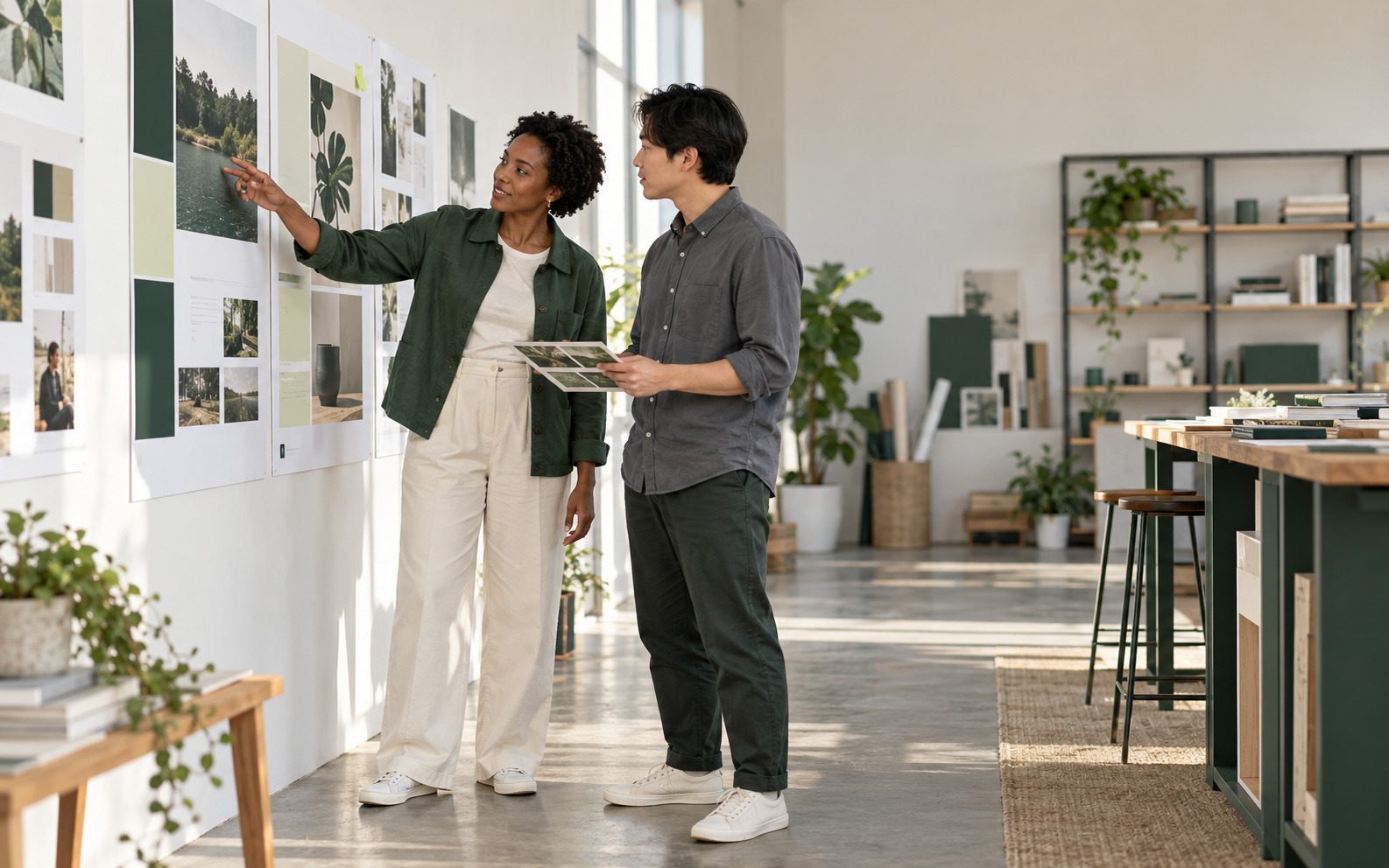 Two people reviewing a wall of campaign proofs, one pointing at a photo