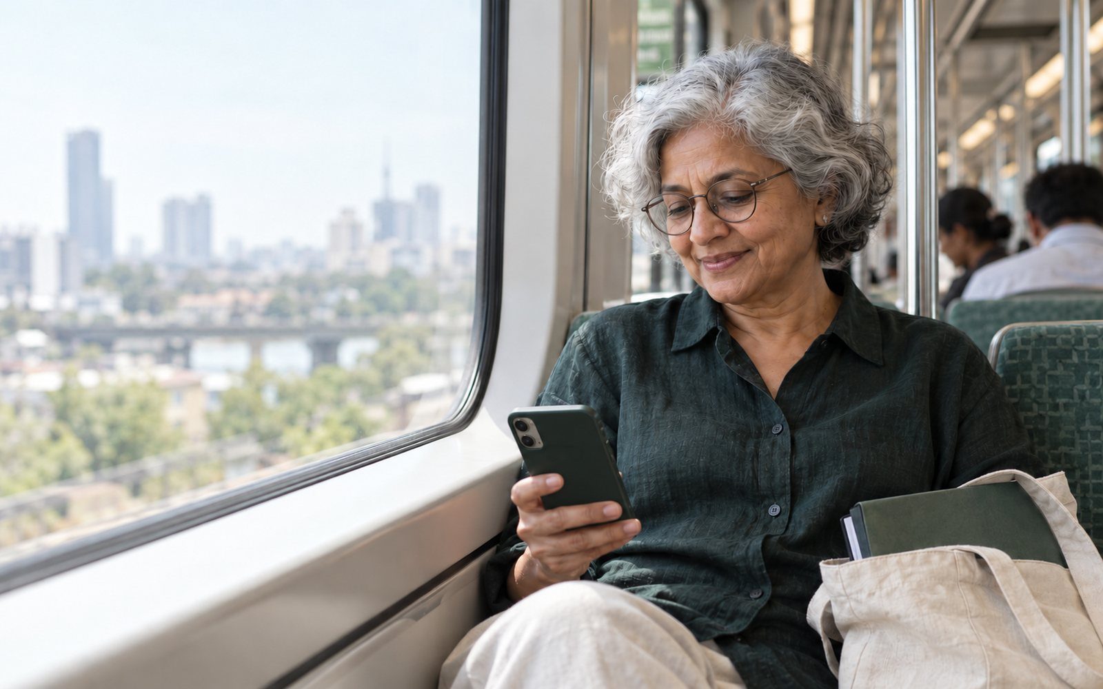 A woman on a train smiles at her phone, with Wonib open
