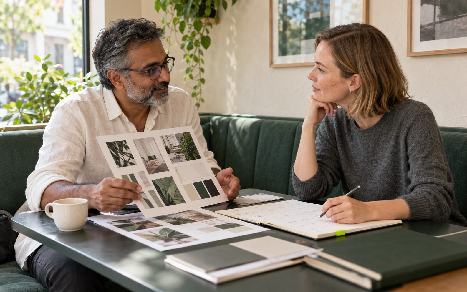 Two people planning a month of content over printed boards in a café