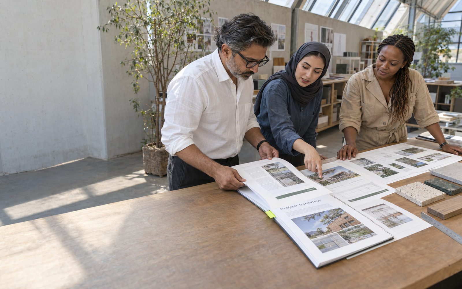 Three colleagues check page proofs and a bound document beside material samples