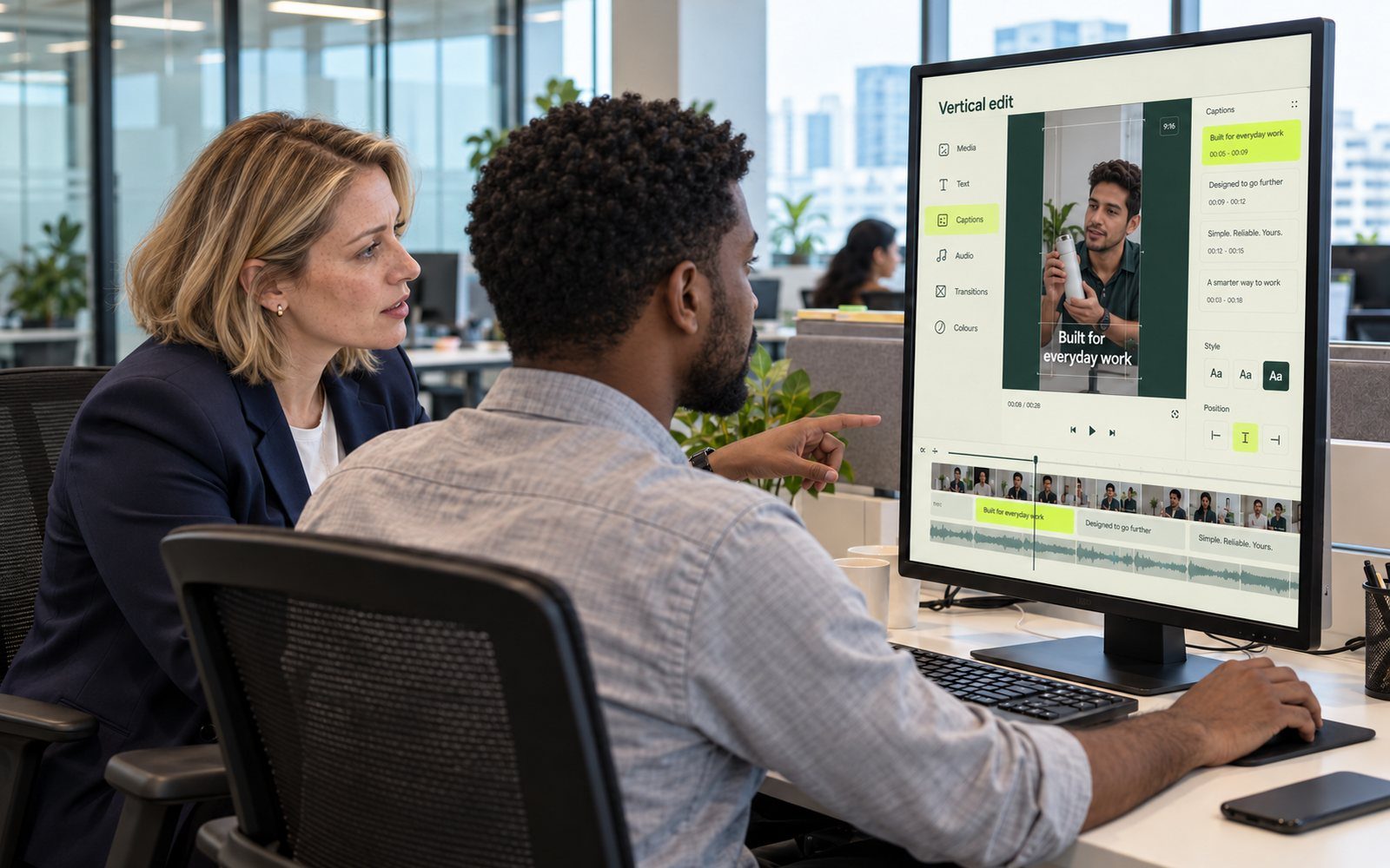 Two colleagues review a vertical video edit with captions on a large screen