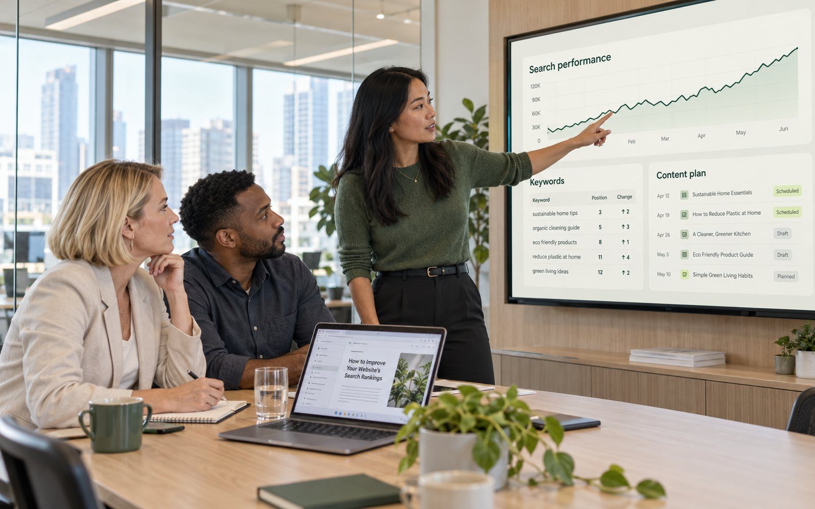 A team plans content around search performance, keywords and a calendar