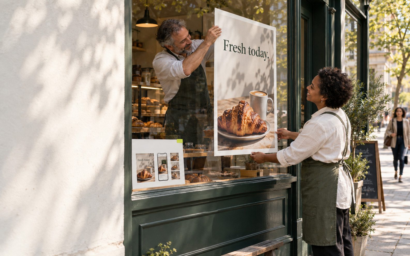 Fresh today. One poster for the window, and the same campaign on the phone and the street board, all from one brief.