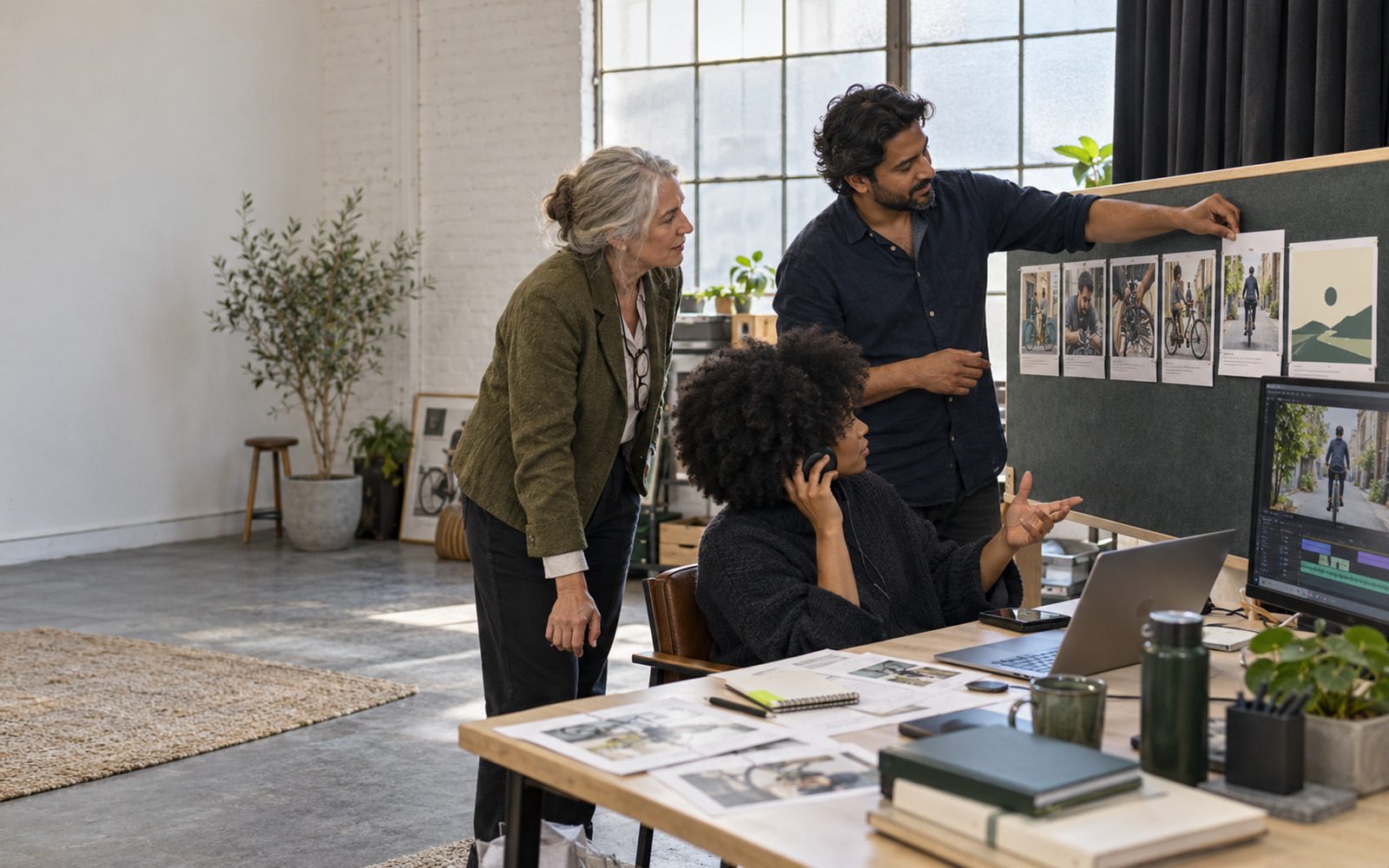A team reviews storyboards and a video sequence on a wall and a laptop
