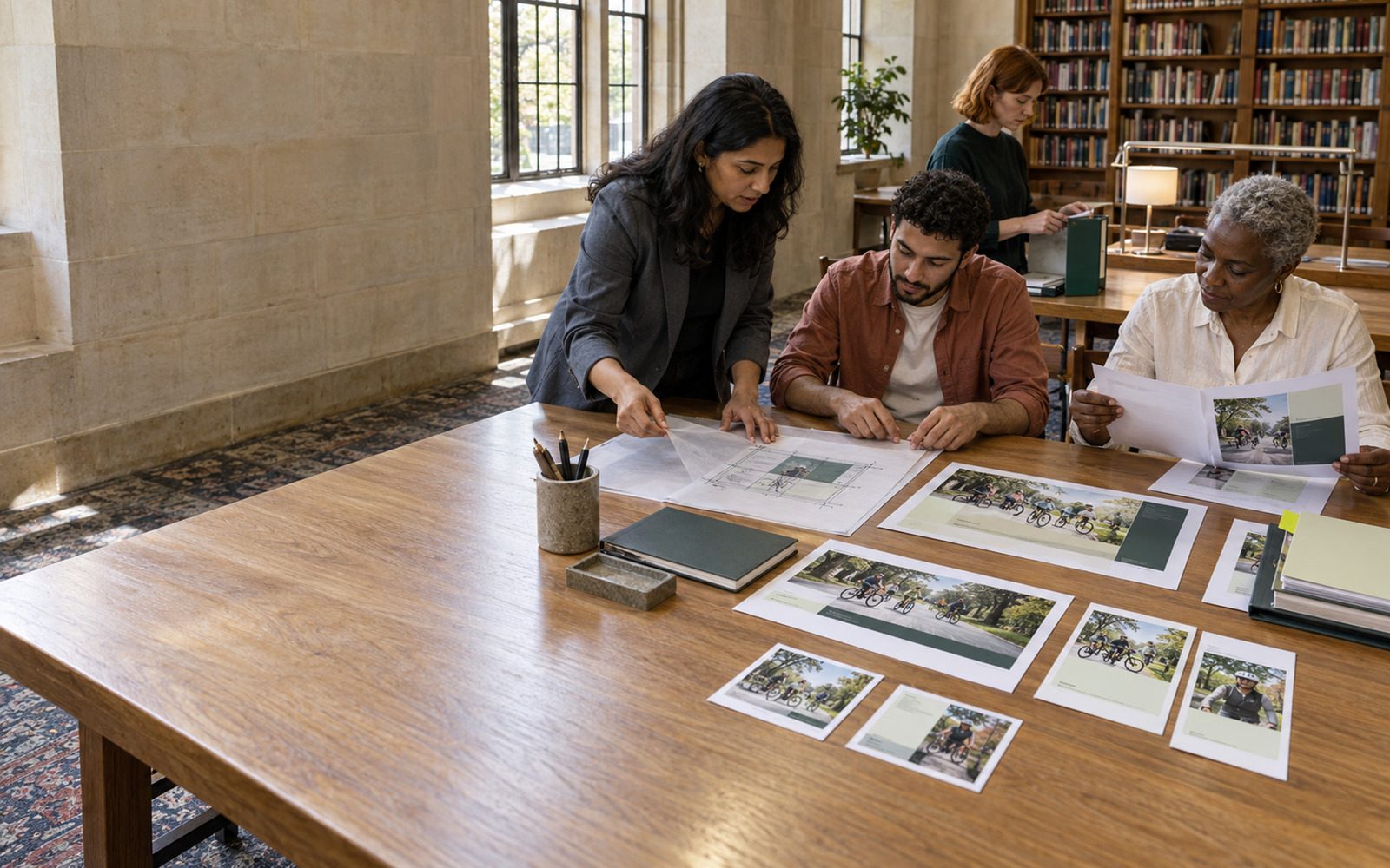 A team applies one layout system across several formats at a long table